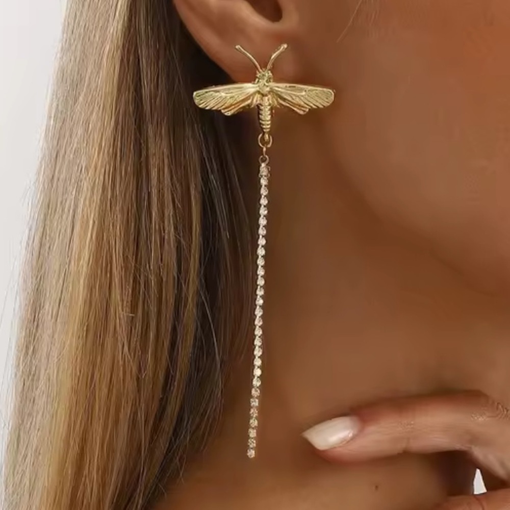 Zara Vintage Metal Dragonfly Rhinestone Tassel Dangling Earrings